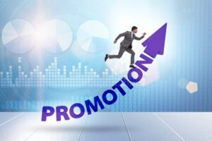Picture of person running onto the word promotion, going upward.