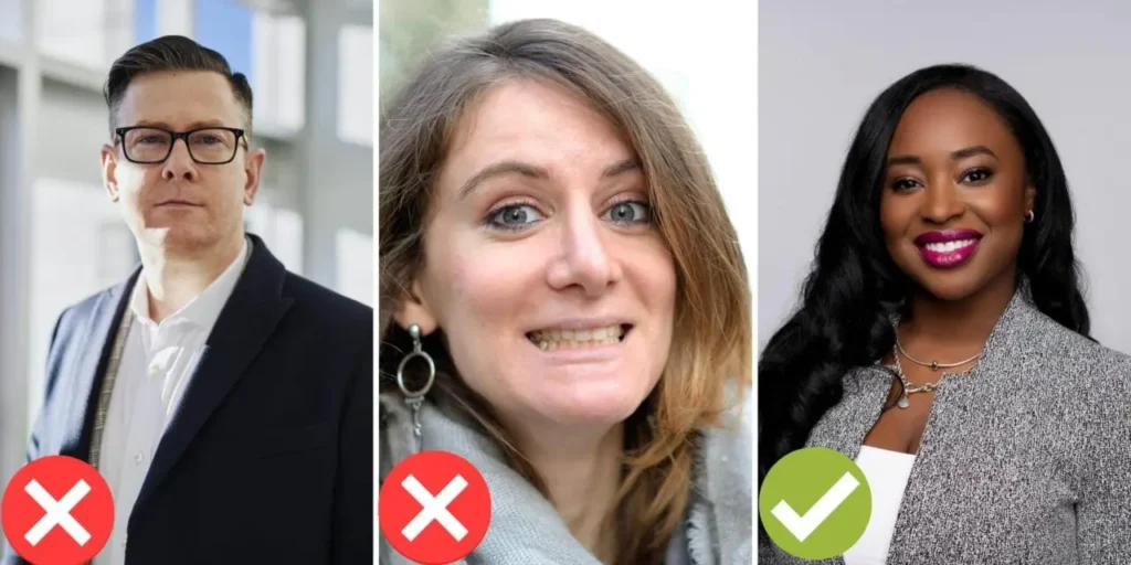 Three LinkedIn photos, first one without a smile and not professional, second photo smile is awkward and not professional, third photo is great with nice smile and professional clothing.